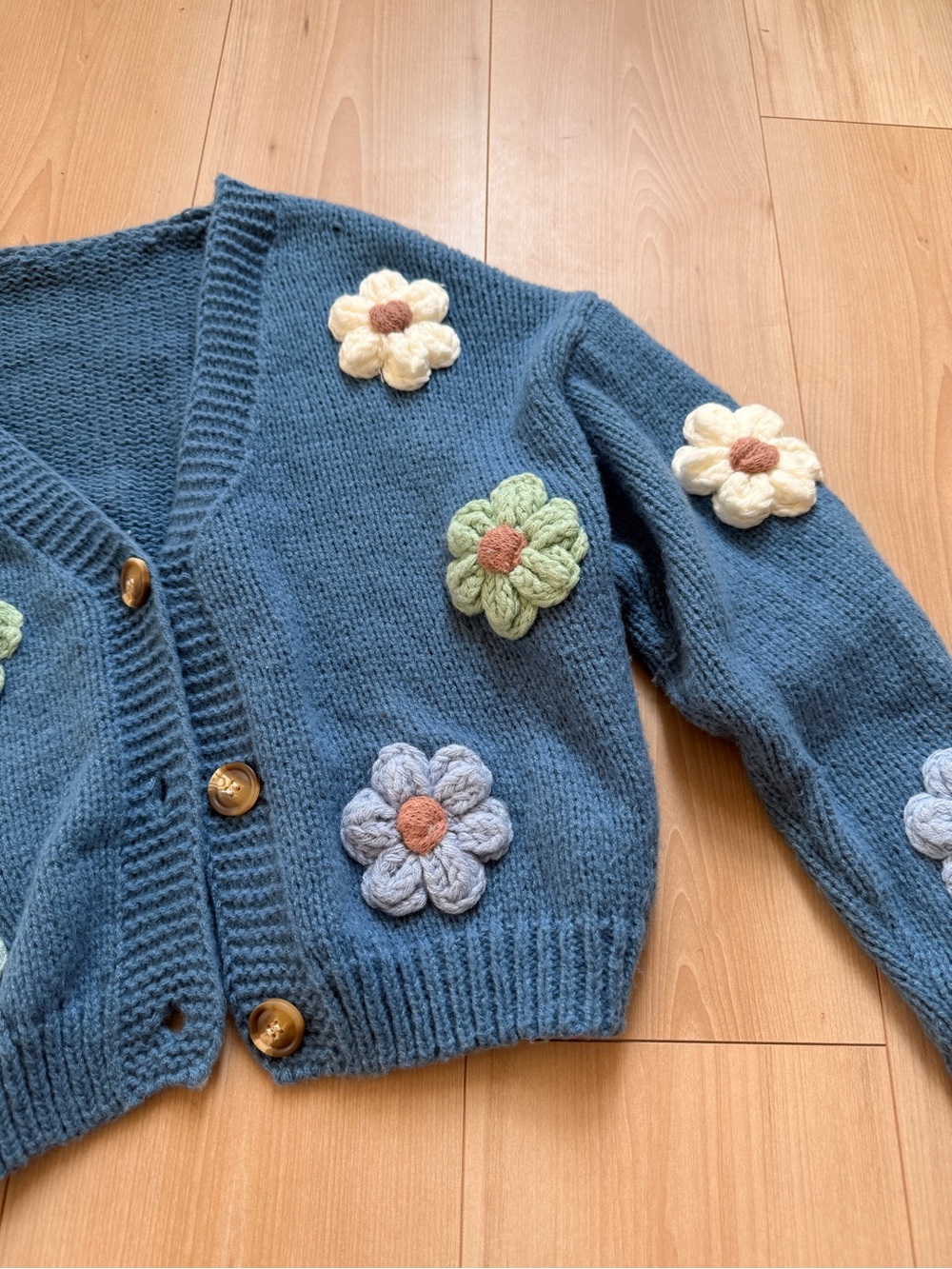 Blue Knit Cardigan with Crochet Flower Appliqués